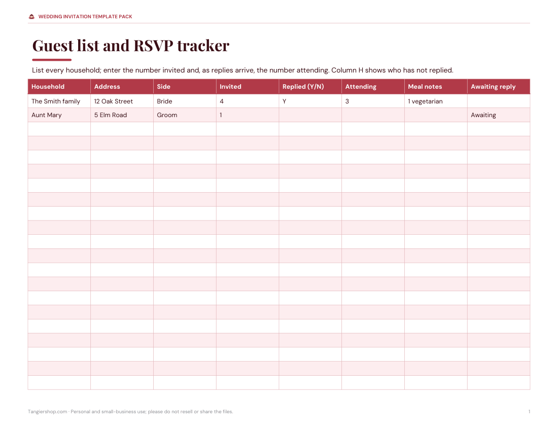 Preview of the first page of Guest list and RSVP (XLSX)